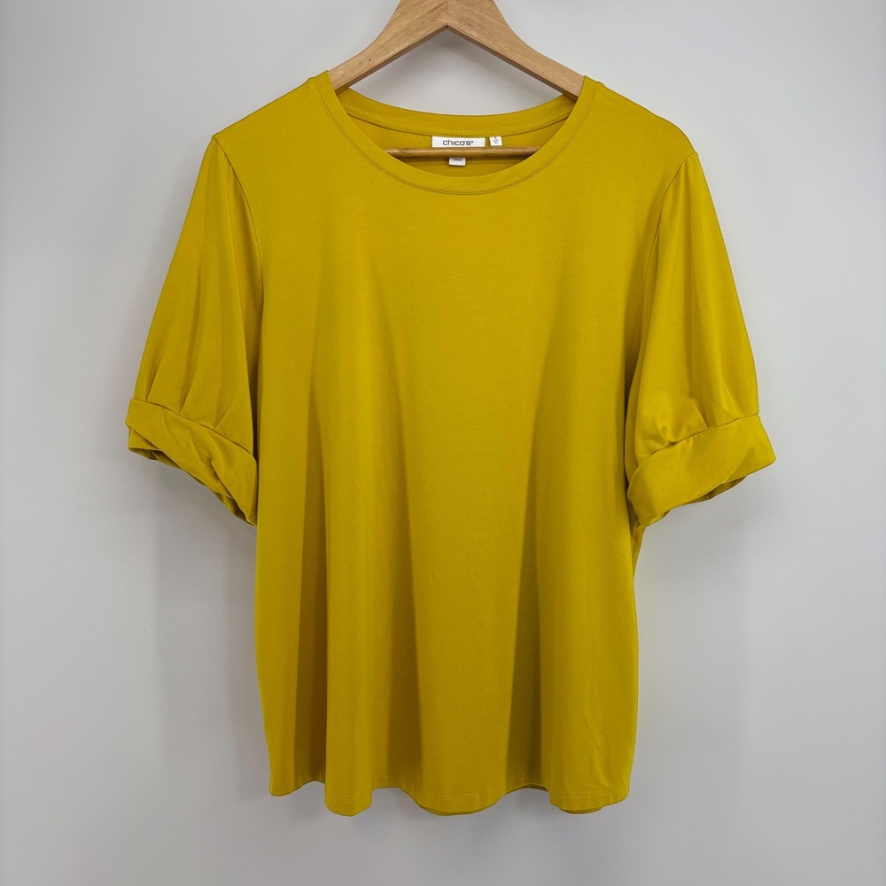 Chicos Touch of Cool Pima Cotton Modal Puff Sleeve Crew Neck Top Size 3 Yellow